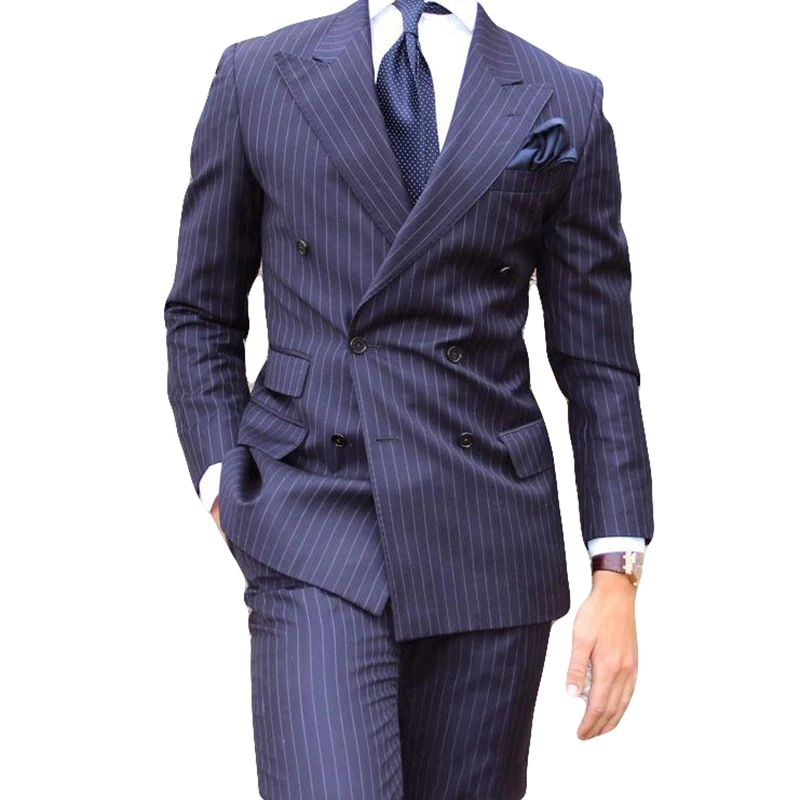 casual blazer for men 2 Pieces Men's Suits Formal Business Stripe Tuxedos Peaked Lapel Double Breasted Slim Fit Groomsmen Wedding Dress (Jacket+Pants) sport coat