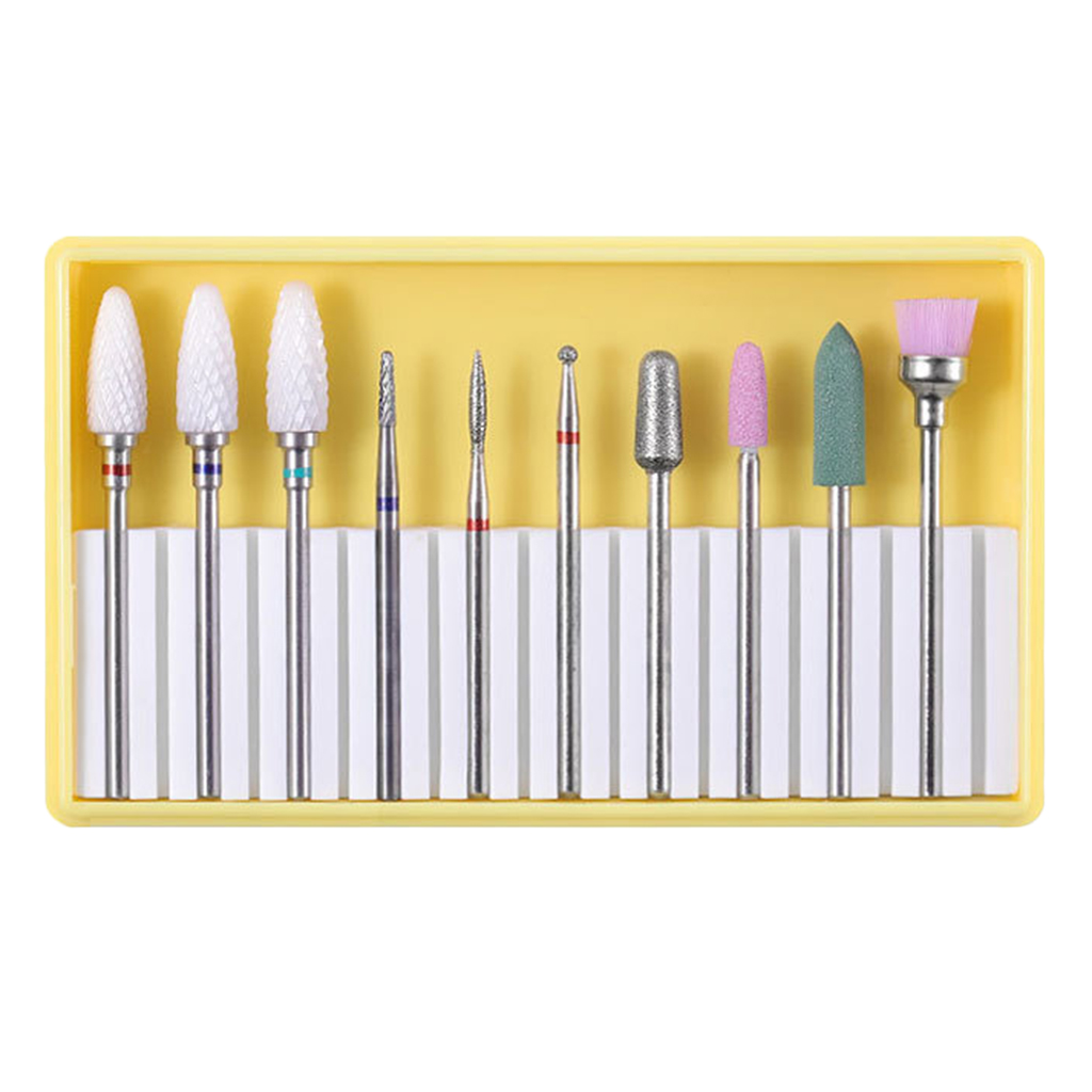 10x Nail Drill Bits with Cleaning Brush Set Manicure Tips Grinding Nail Bits Kit