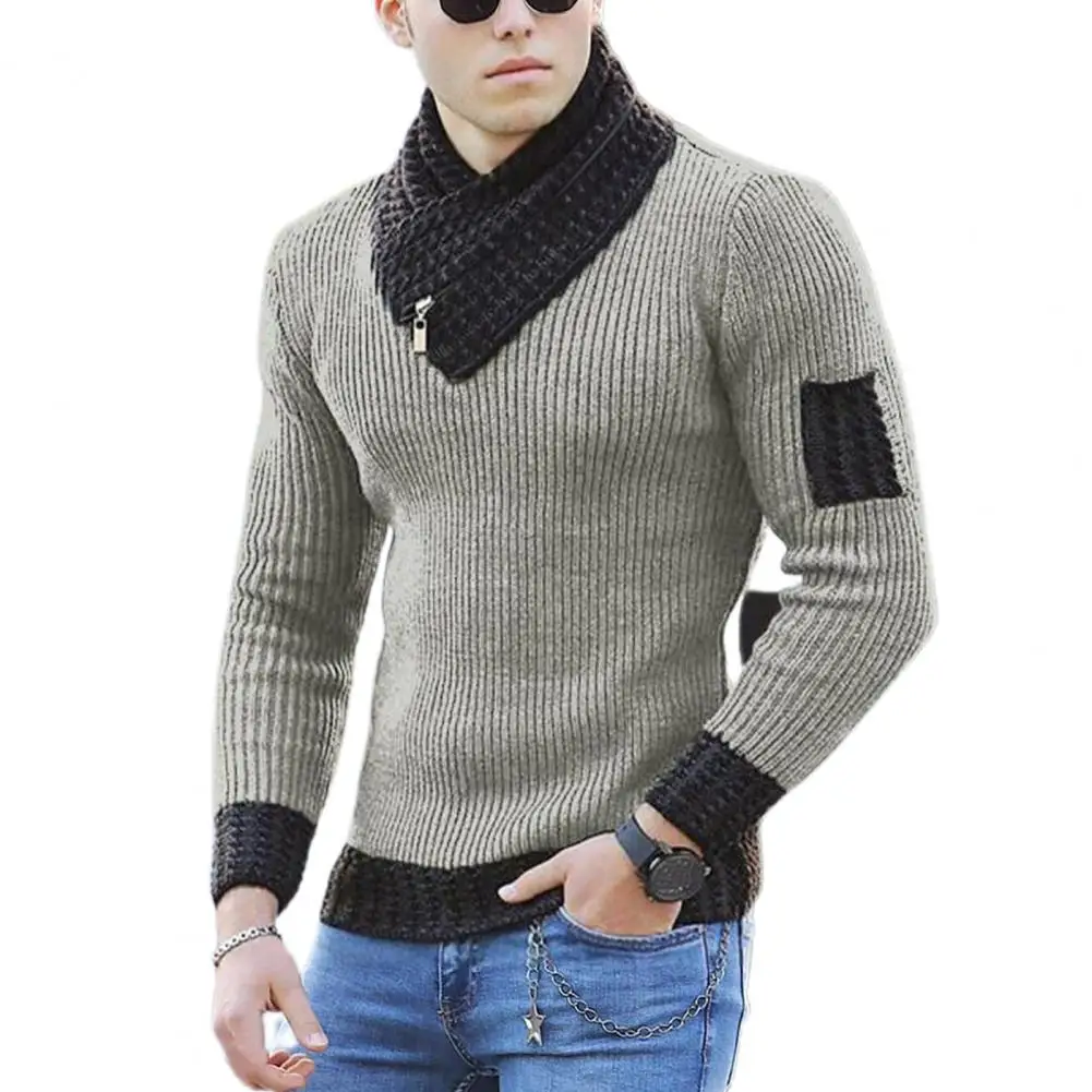 mens pullover sweater Long Sleeve Scarf Collar Sweater Men Streetwear Autumn 2021 Soft Color Block Slim Male Knit Sweater Pullover Tops Sweatshirt crew neck sweater