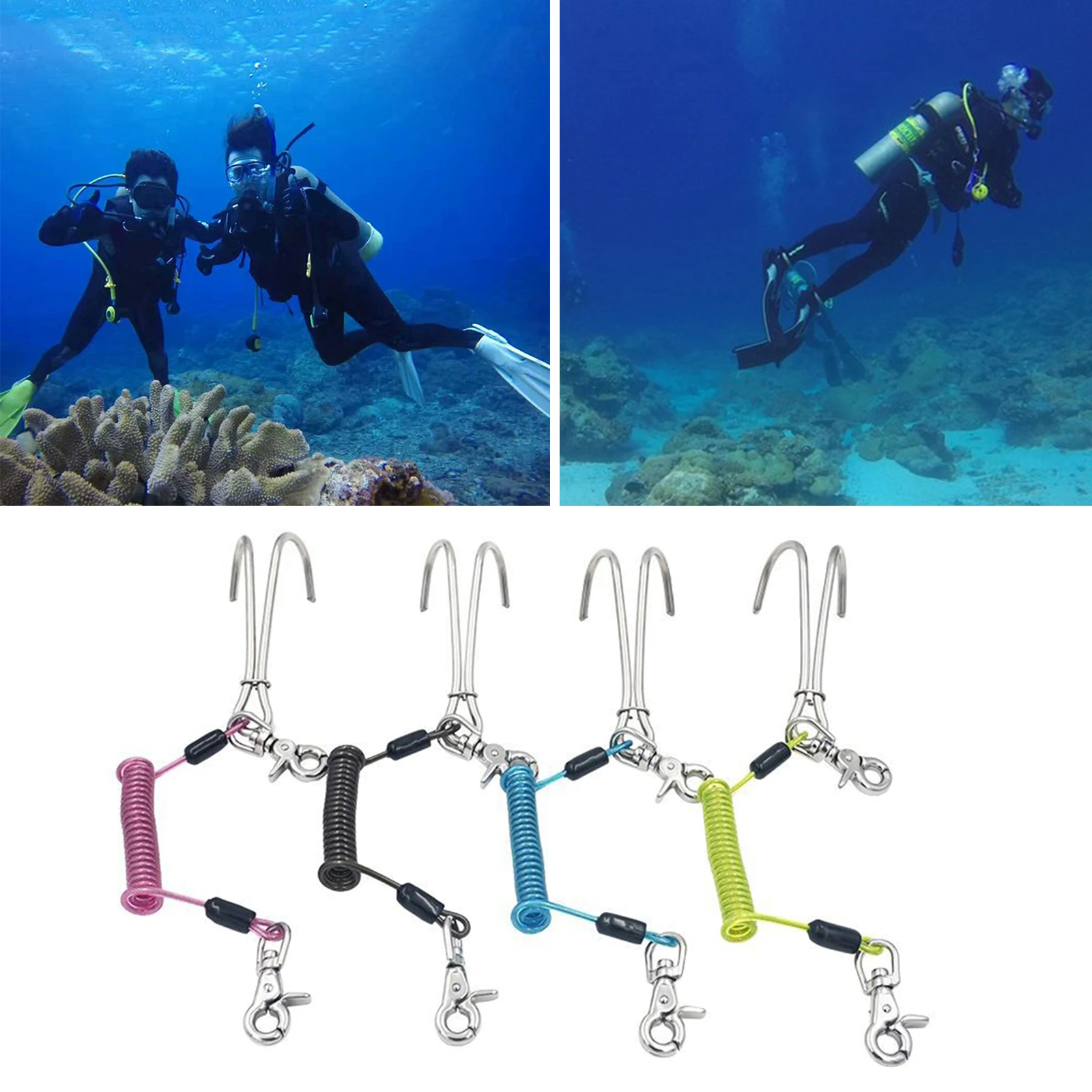 Stainless Steel Dual Hook Reef  Hook Scuba Diving with Spiral Coil Lanyard Quick Release for Cave Dive