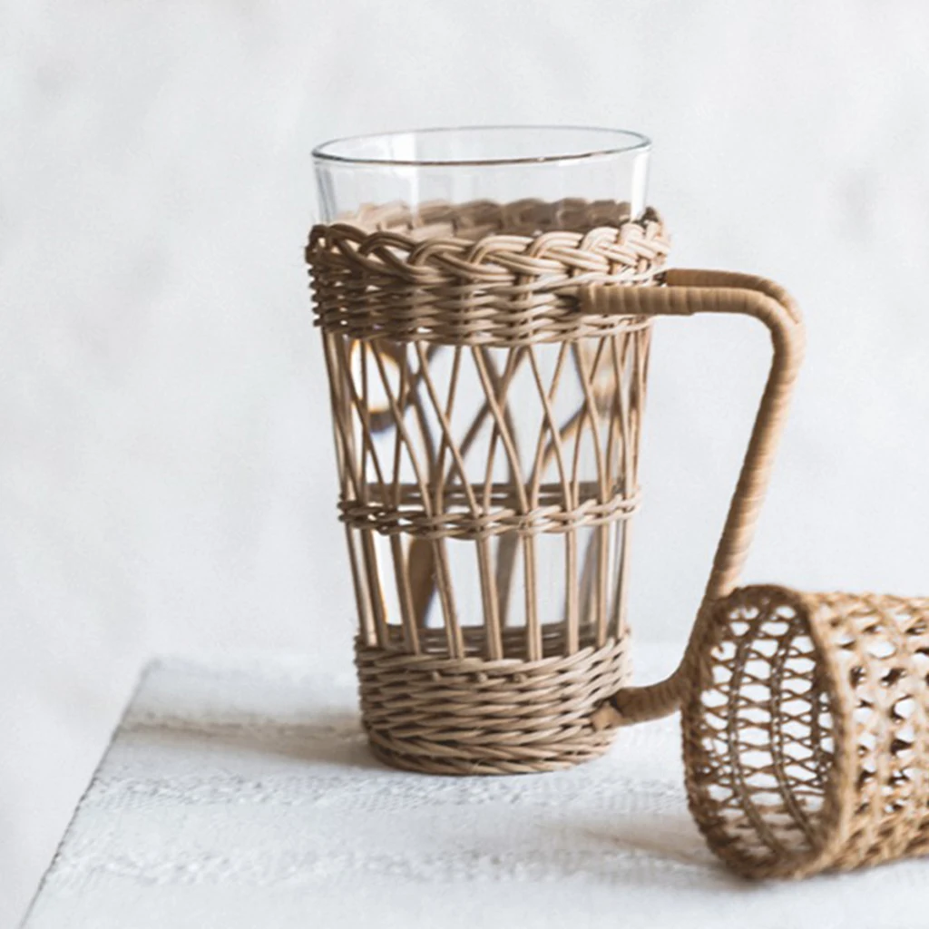 Rattan Woven Cup Holder Drink Stand Mug Organizer Insulation Cover Coffee Tea