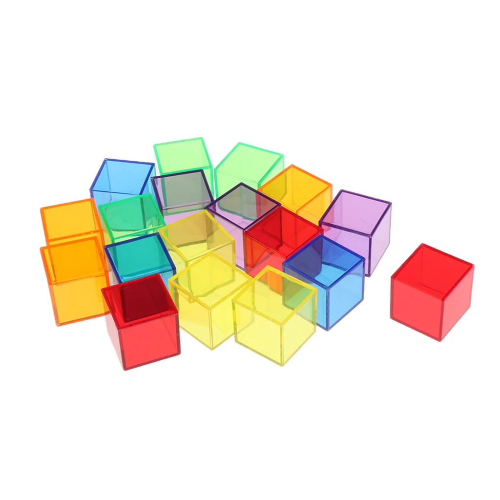 Children Montessori Building Blocks Cube Geometric Solids, 18 Pieces, Transparent Colorful