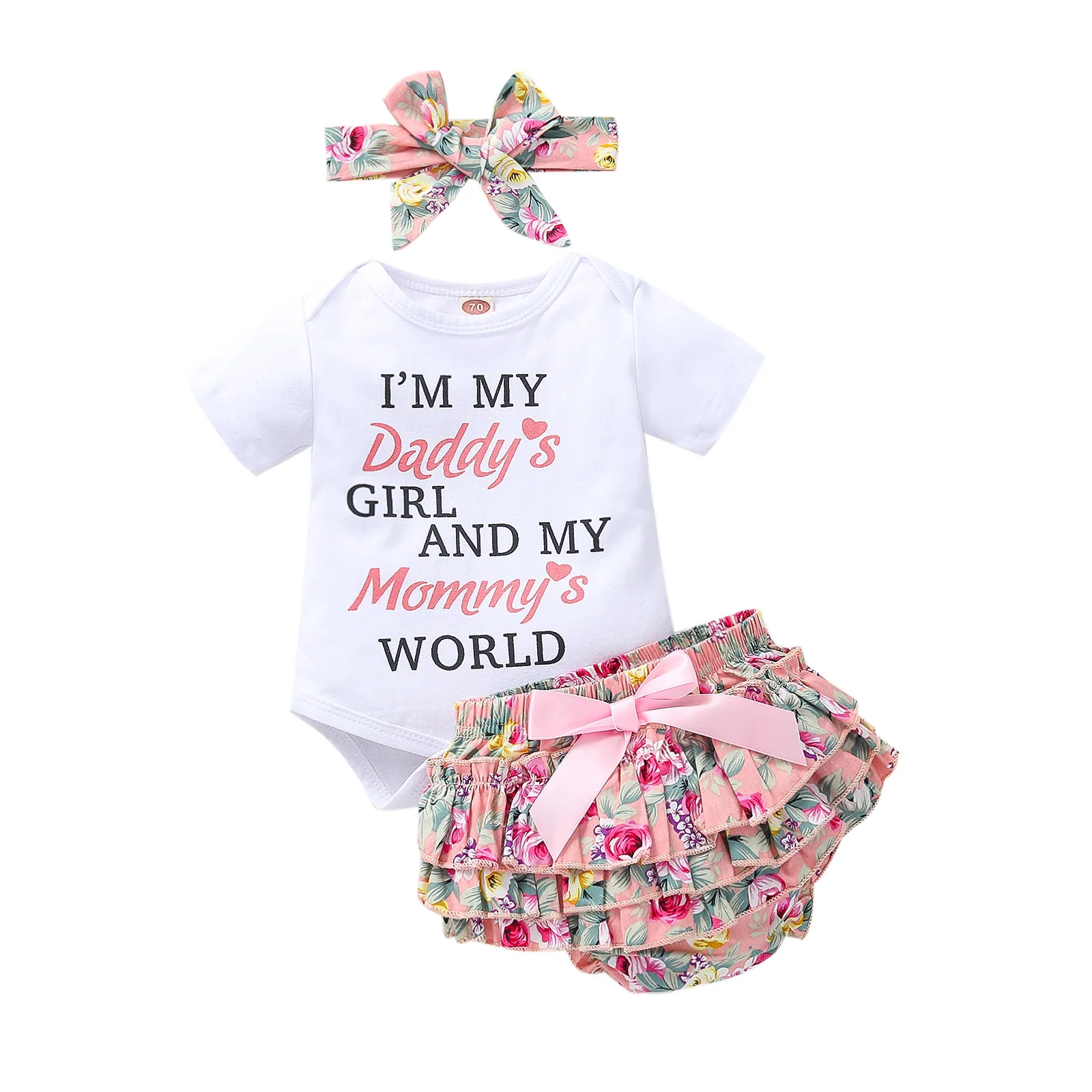 Daddys Girl Mommys World Print short Sleeve Romper Ruffled Floral Bloomers Shorts With Headband Set For Baby Girl Clothes baby clothes set gift