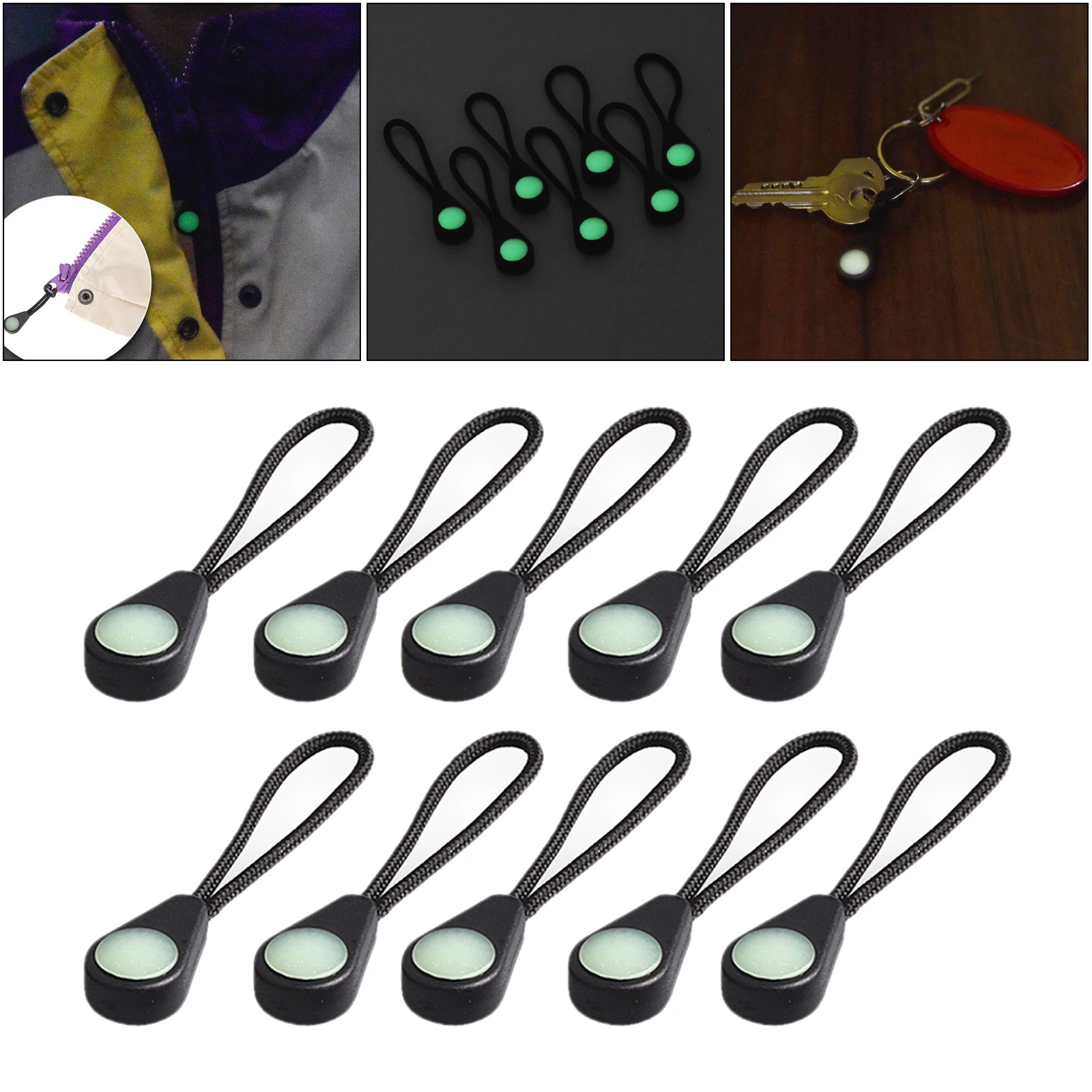 10Pack Luminous Zipper Puller Cord Zipper Tags Extension Zip for Luggage