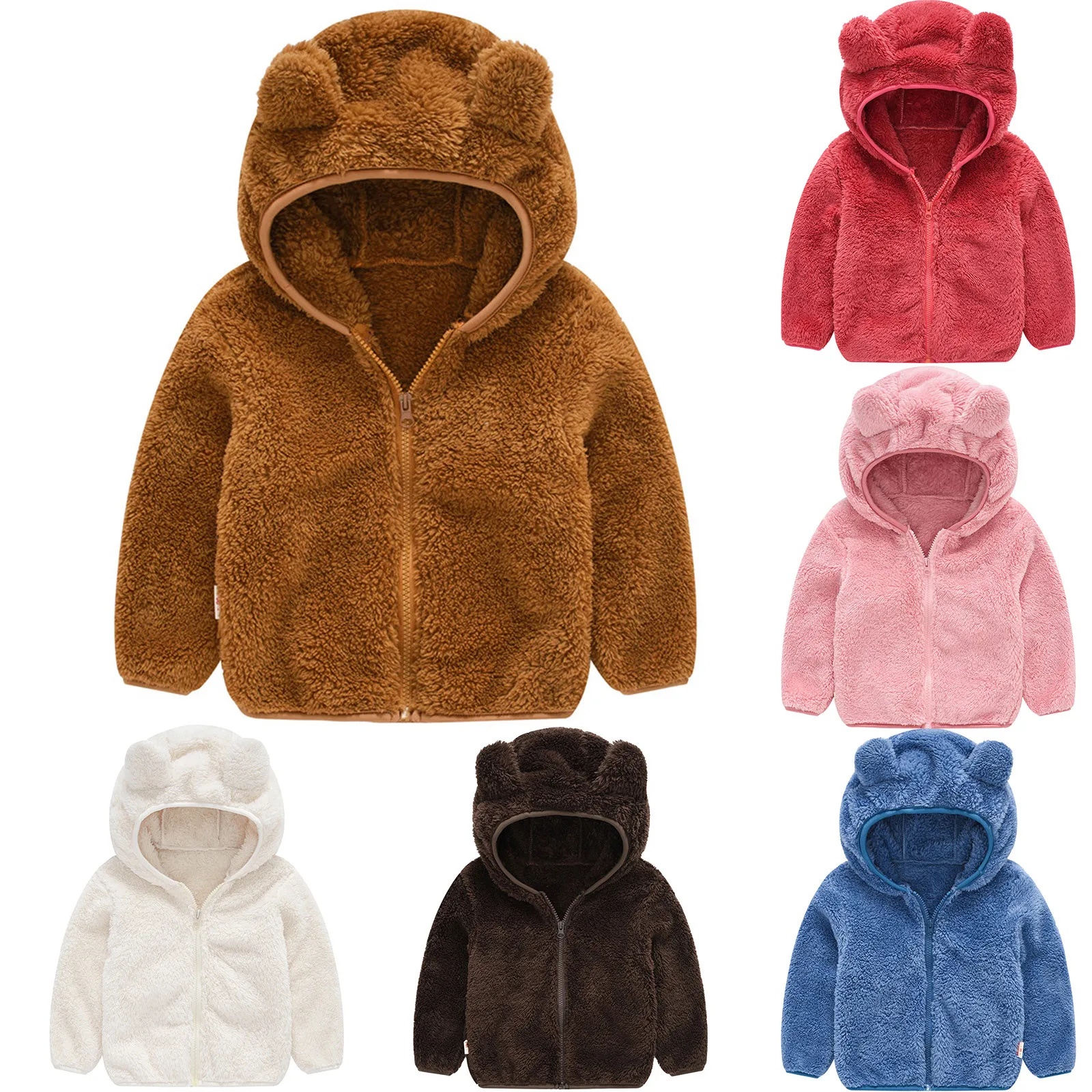 Toddler Kids Baby Gril Boy Cute Ear Zipper Solid Thick Hooded Coat Warm Outwear 