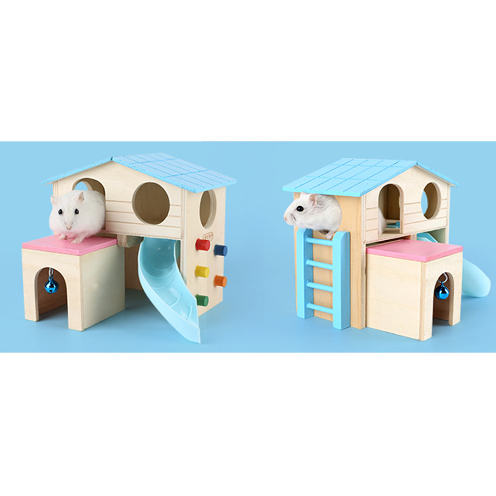 Colorful Pet Small Animal Hideout Hamster House 2 Layers With Stairs Design, Wooden Hut Play Toys Chews - Random Color