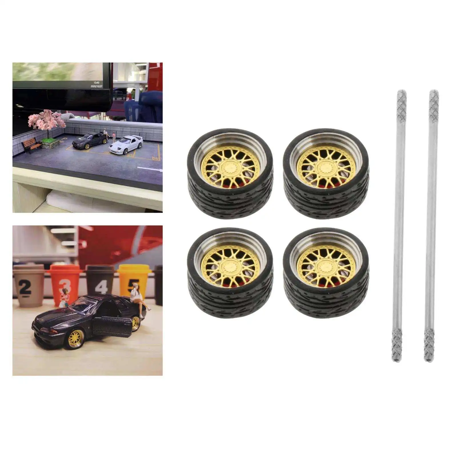 4Pcs/Set 1/64 Scale Diecast Model Car Alloy Rubber Wheel & Tyre Set Accessories Replacement for Hotwheels