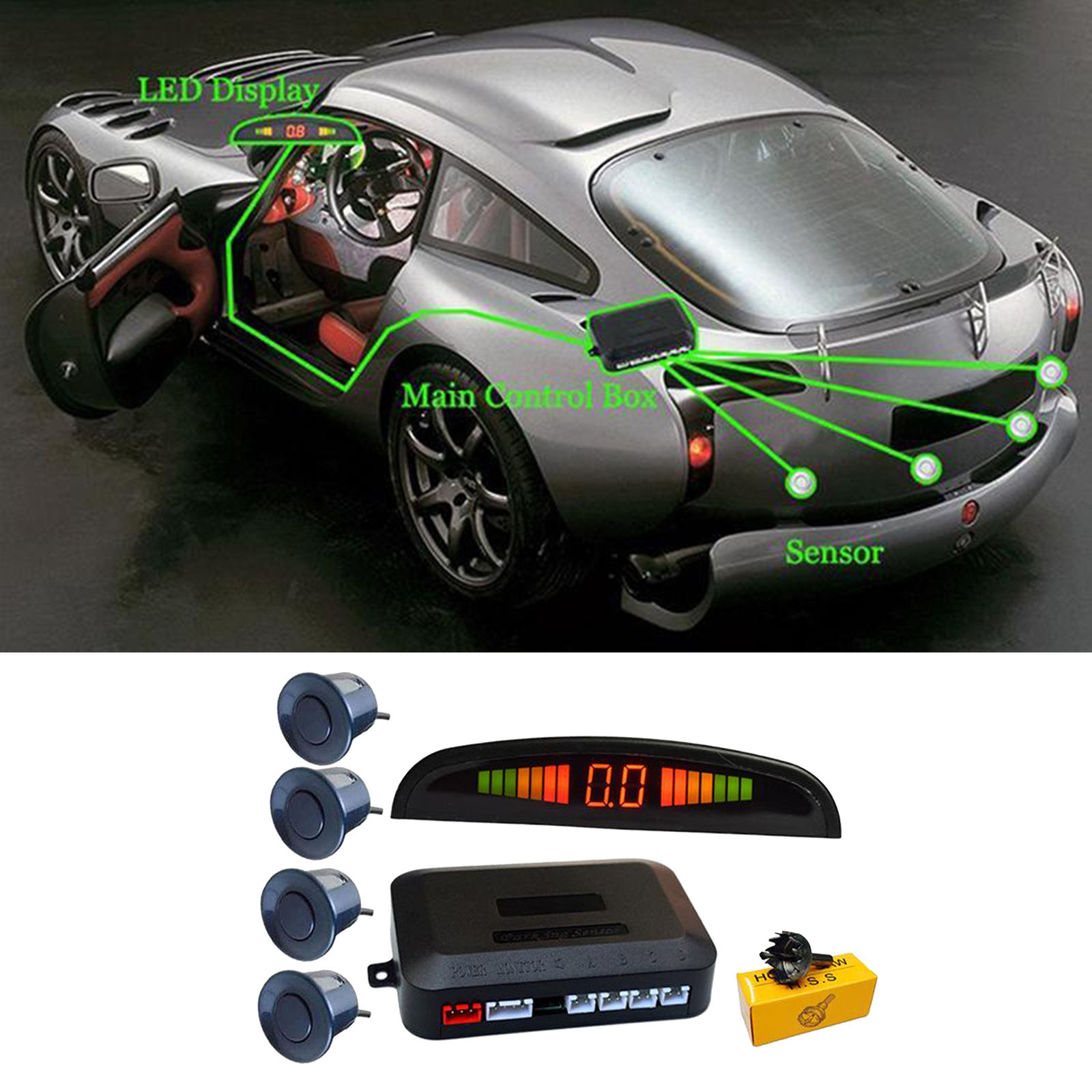 Car Auto Vehicle Reverse Backup  System with 4 Parking Sensors Distance Detection, LED Distance Display, Buzzer Warning