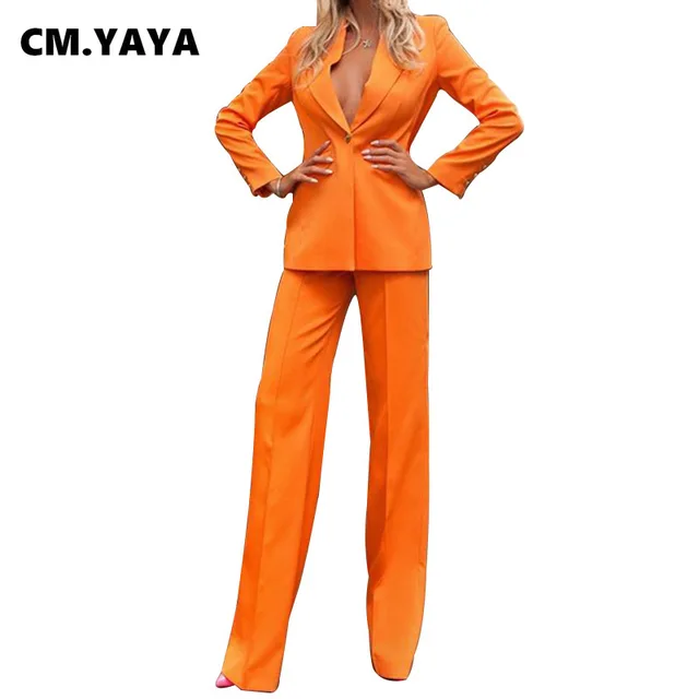 CM.YAYA Women Pants Suits Solid Full Sleeve Single Button Tops Straight  Long Pants Two 2 Piece Sets Office Lady Outfit Autumn