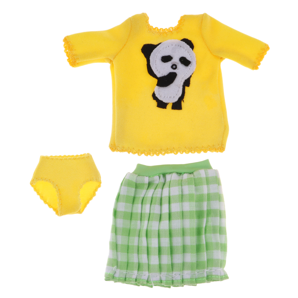 Adorable Cartoon Costume T-shirt & Plaid Miniskirt For 12inch Blythe Dolls