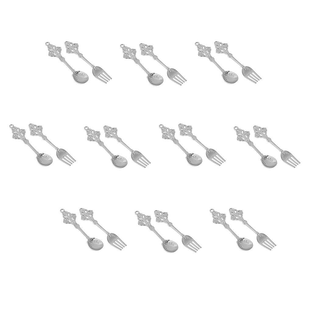 10 Pairs Mini Silver Spoon Fork Kit Tableware for 1/12 Dolls House Kitchen