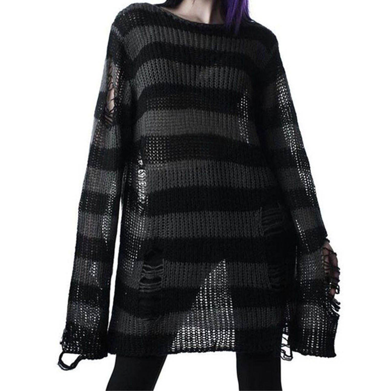 feminino punk gótico listrado oco para fora camisola cor bloco manga longa rasgado pullovers oversized retro casual malha jumpers