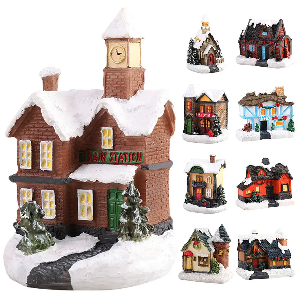 Resin Mini Christmas LED House Warm Light Miniature Village Dollhouse Farmhouse Set Xmas Desktop Garden Decoration Gift