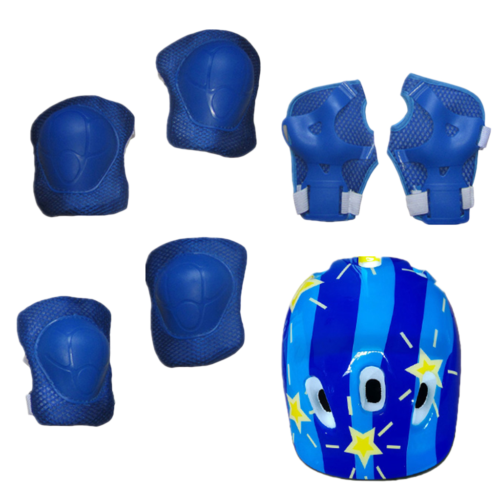 7Pcs/set Kids Children Inline Roller Skating Skateboard Helmet Knee Wrist Guard Elbow Pad Blue