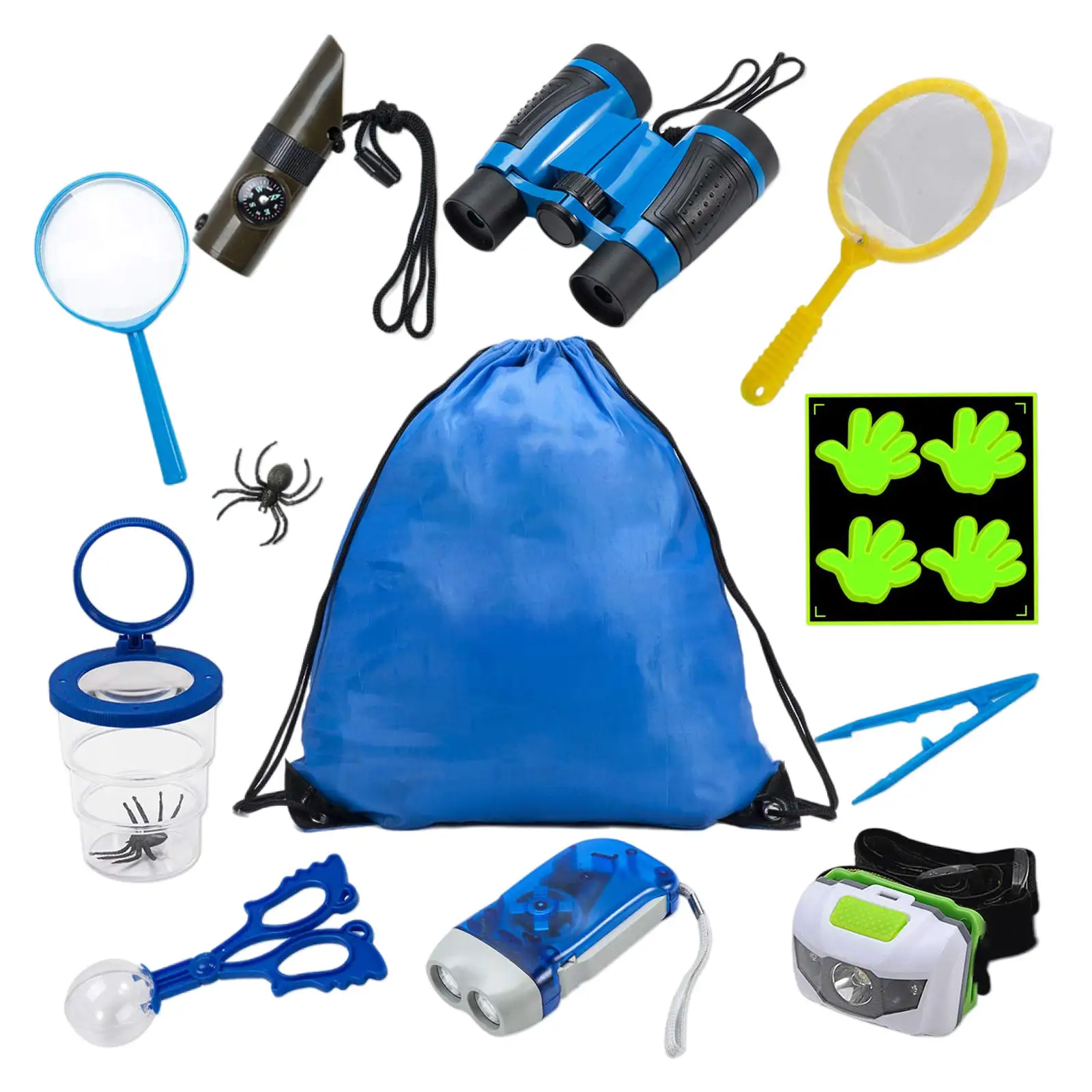 12Pcs Kids Explorer Kit Exploration Toy Magnifying Glass Drawstring Bag Butterfly Net Christmas Toy Bug Catcher Kit for Gifts