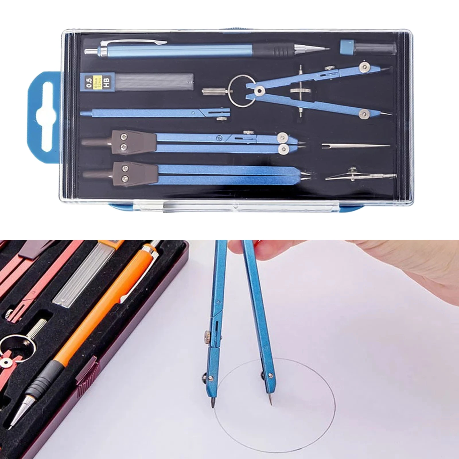 9 Pieces Math Geometry Sets with Storage Box Professional Compass Set for School Office Compass Pencil