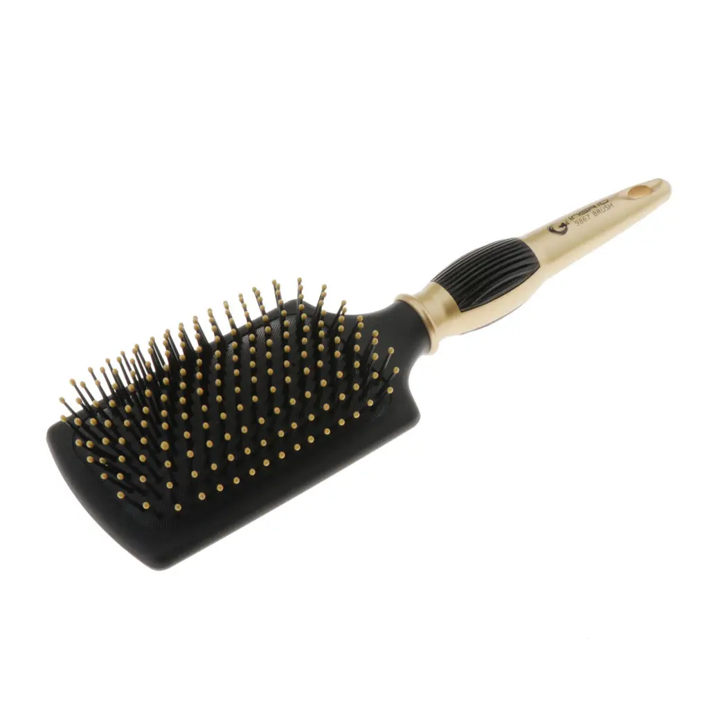 Barber Styling Massage Cushioned Paddle Brush for Blow Drying Curling Gold+Black