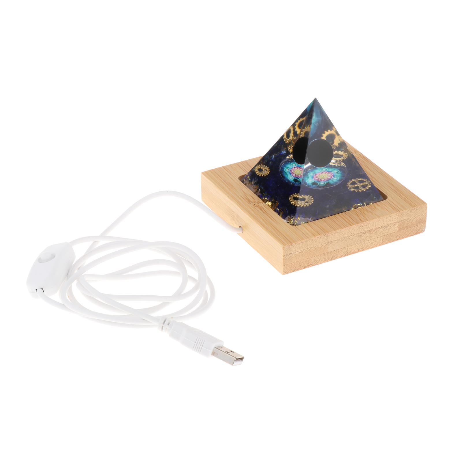 Orgone Pyramid Obsidian Sphere Blue Crystal with Light Wooden Base Hand Crafted Eco Friendly Dimensions 6x6x6cm