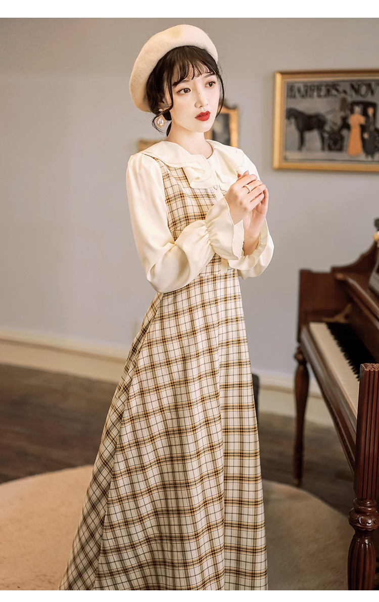 Xadrez do Vintage Vestido de Manga Vestido Feminino Primavera Artístico Plissado Colarinho Completa Emagrecimento Moda Temperamento Elegante Novo 2021 4 Moda Feminina