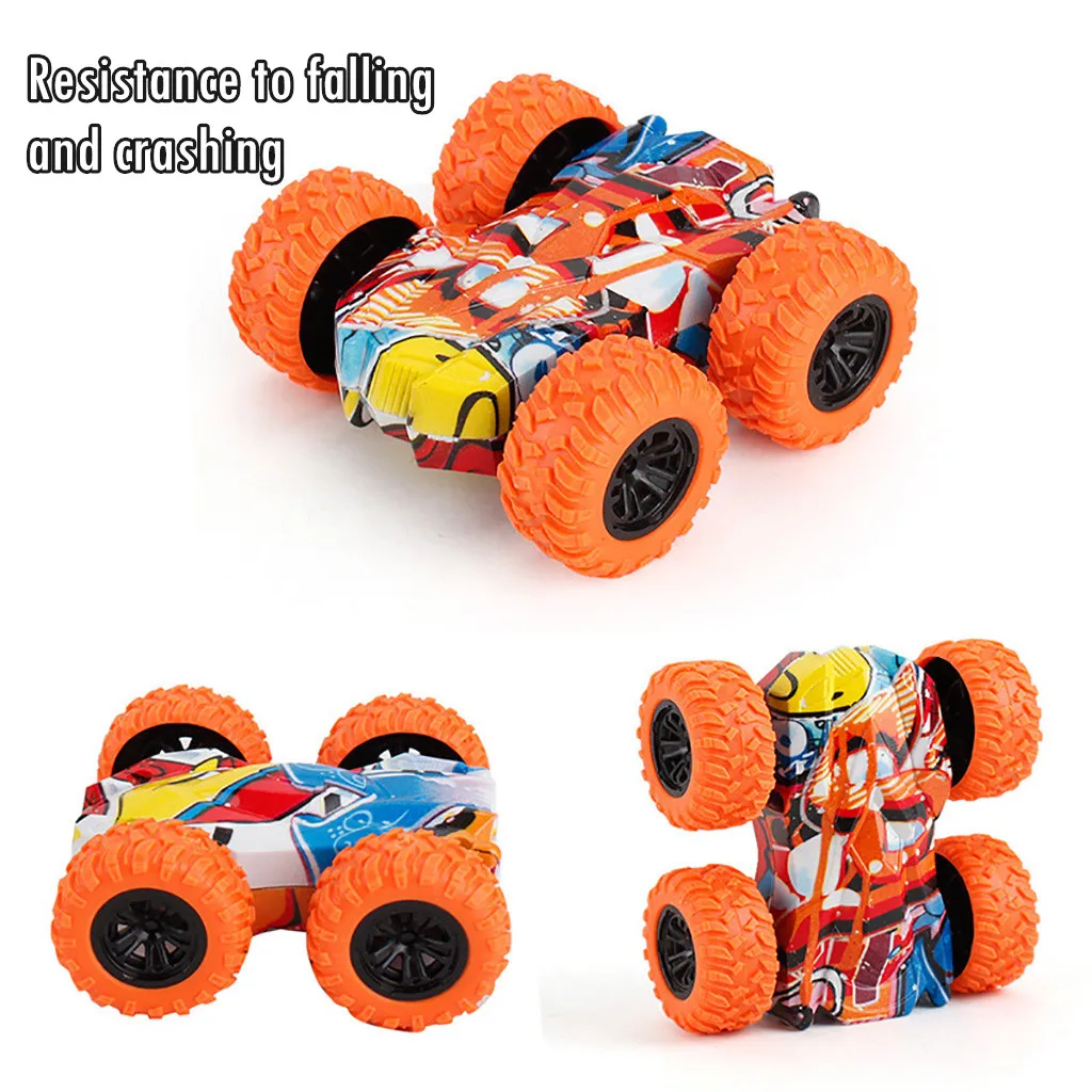 Blue Toy Pull Back Cars Friction Powered Vehicles Inertia-Double Side Stunt Graffiti Car Off Road Model Car Best Christmas Festival Gift for Kids 