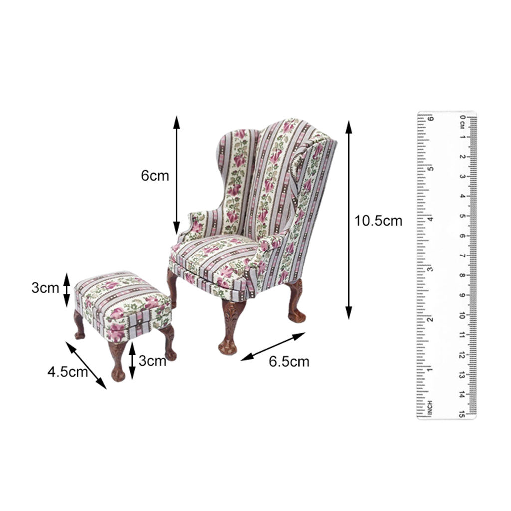 5 Dollhouse Sofa 1/12 Scale Furnish Floral Pattern Wooden Armchair Low Stool