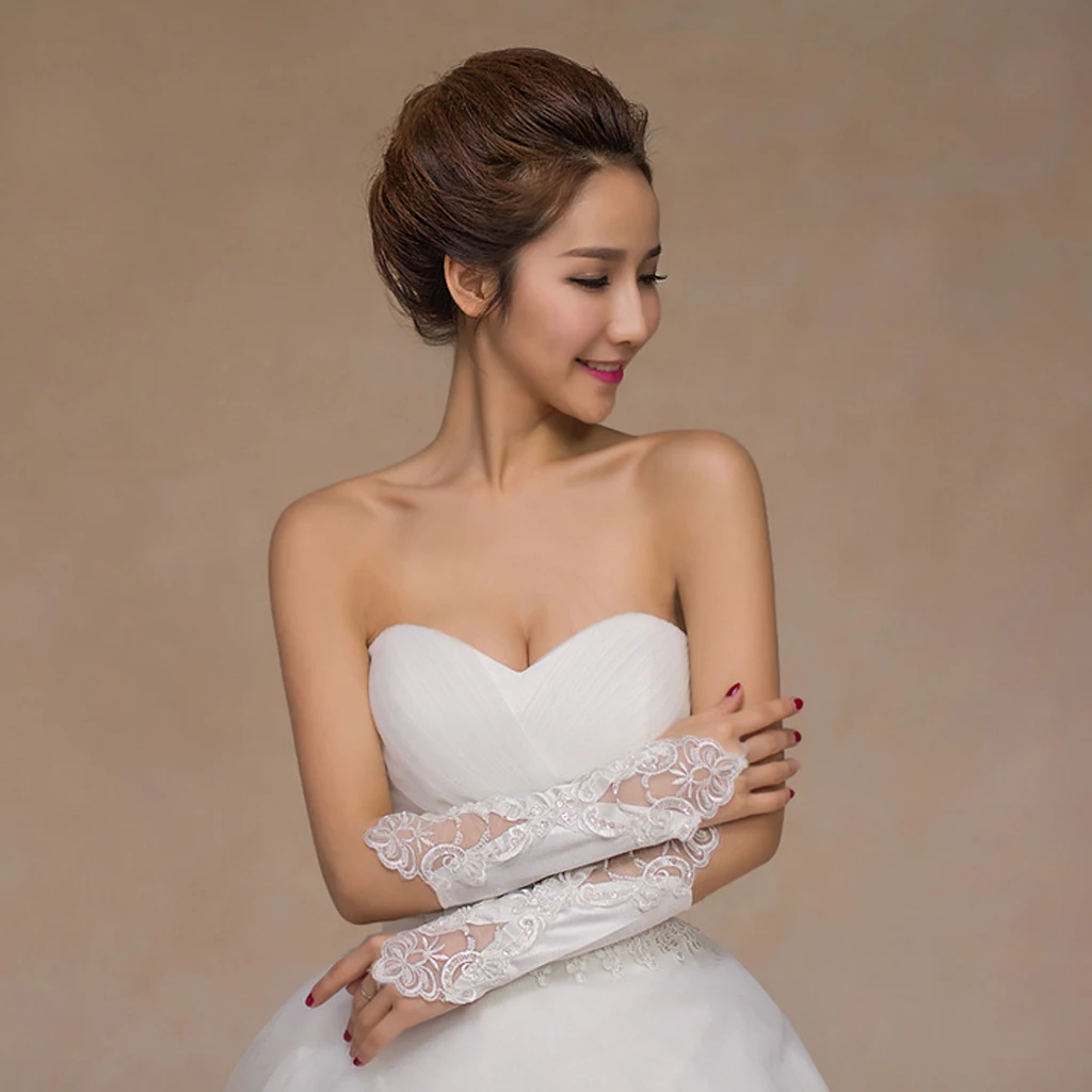 Fashion Satin Pearls Fingerless Gloves Lace Flower Opera Length Wedding Bridal