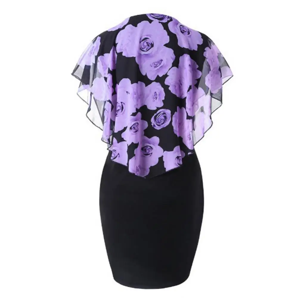 HOT SALES！！！New Arrival Plus Size Elegant Office Lady Rose Flower Print Cape Bodycon Knee Length Dress casual dresses