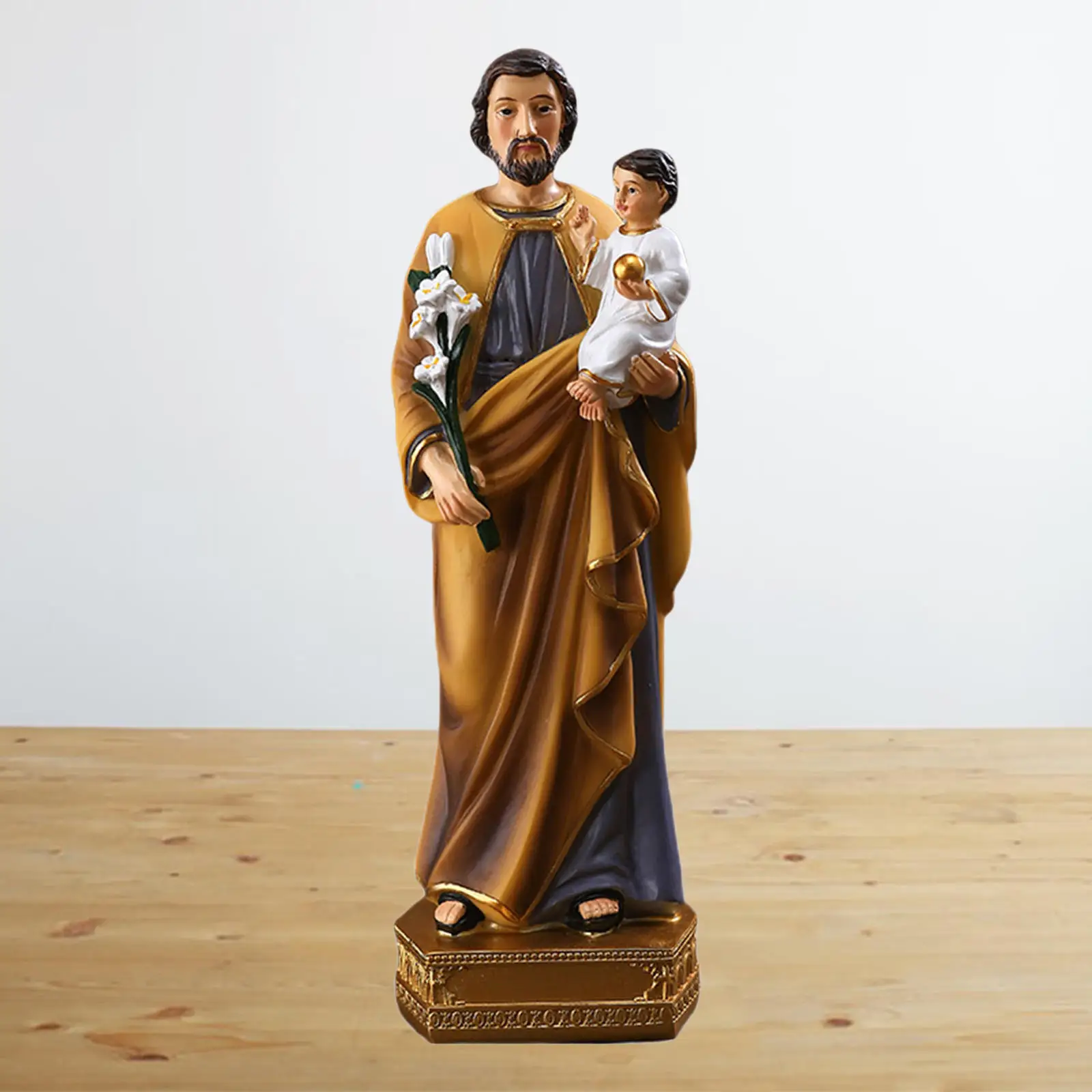 Saint Joseph and Child Jesus on Base 20cm Resin Colored Statue Patron of Fathers & Employment