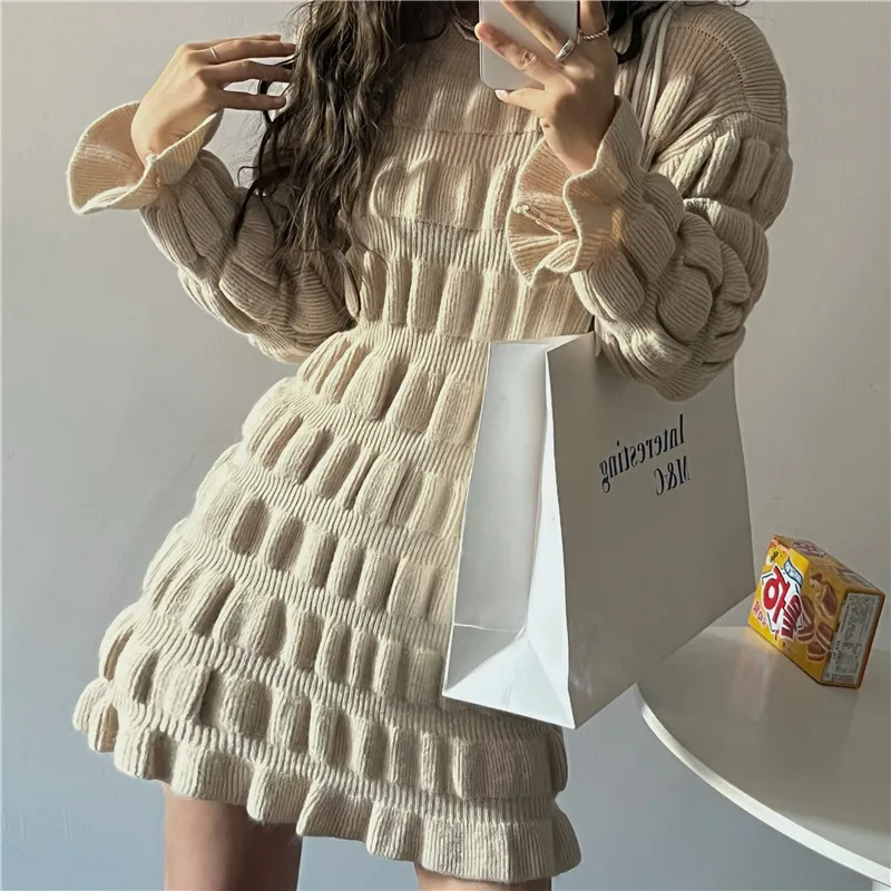 H2c95555dac2b430980b74cb0e54f967fA - Winter Korean O-Neck Long Flare Sleeves Ruched A-Line Knitted Mini Dress