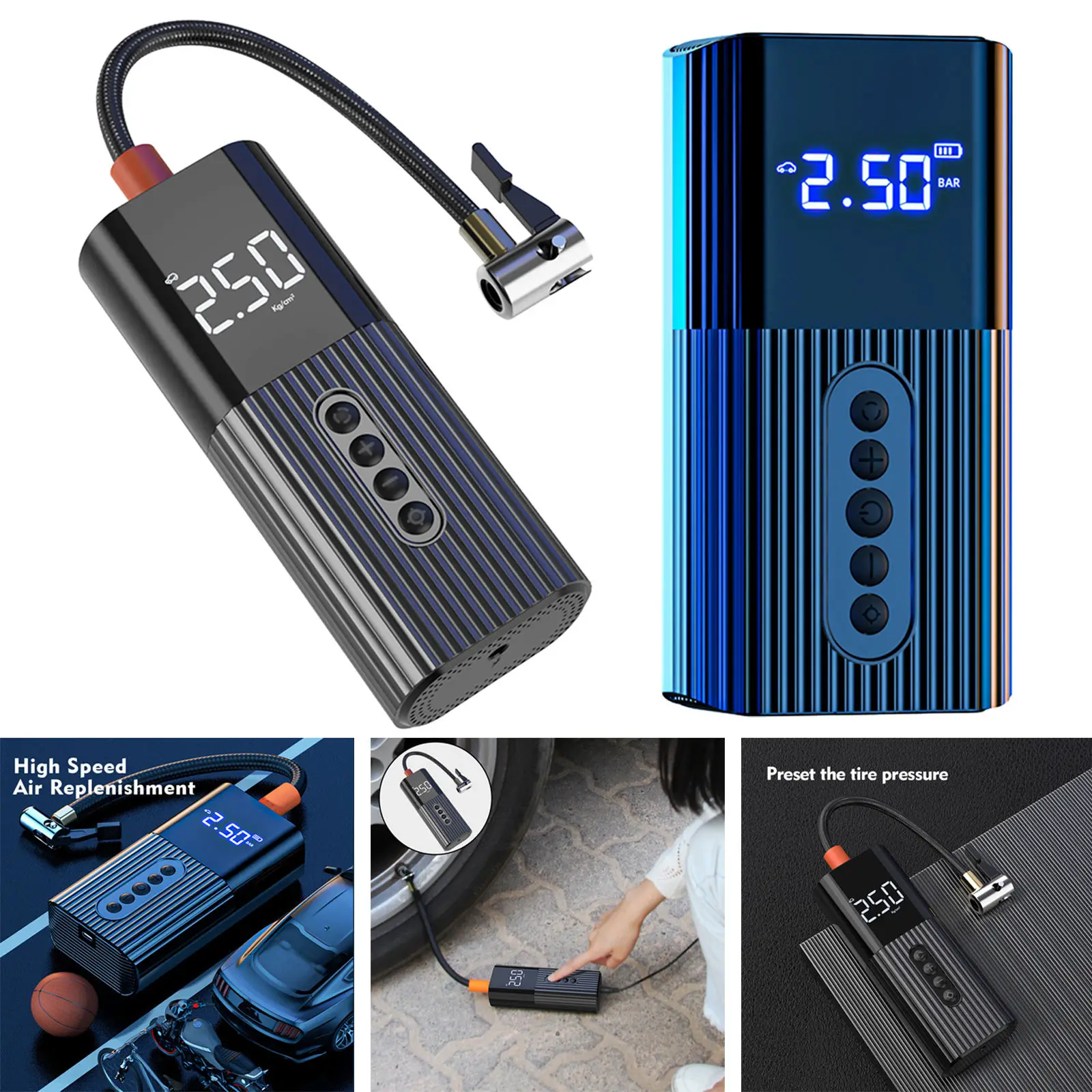 Car Tyre Inflator LCD Digital Car Tyre Inflator Portable Air Compressor Pump for Car Bicycle Motorcycle Balls with LED Light