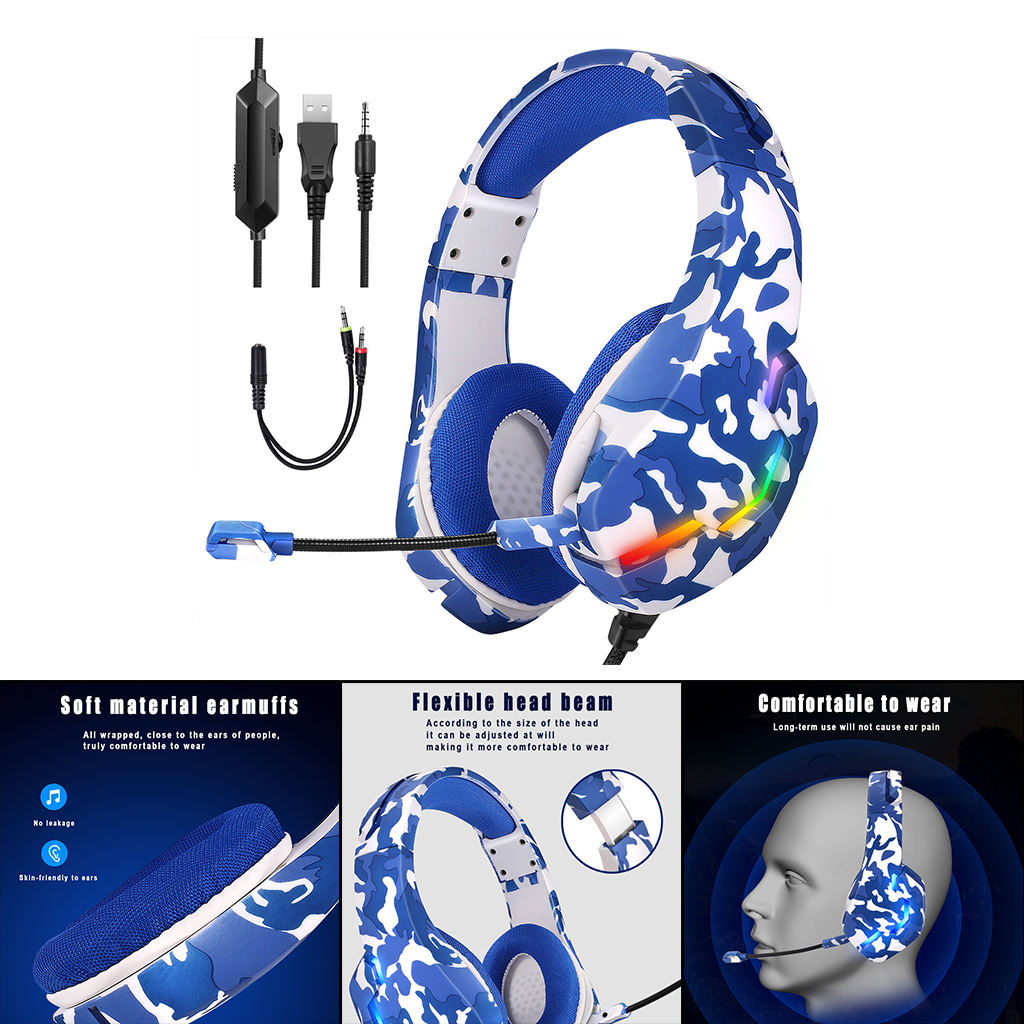 Gaming Headset 3.5mm Multi-Platform Comfortable Bass Over-Ear RGB Lamp J10 Soft Earmuffs Wired Headphone for Music Smartphones