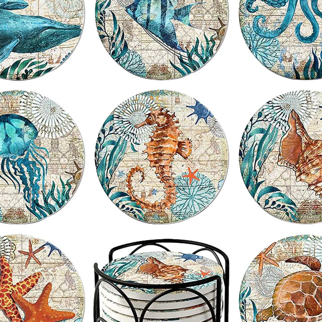 8PCS Sea Animal Pattern Heat-insulated Ceramic Coasters With Holder Tableware Mat Placemat Home Dining Room Housewarming Gift
