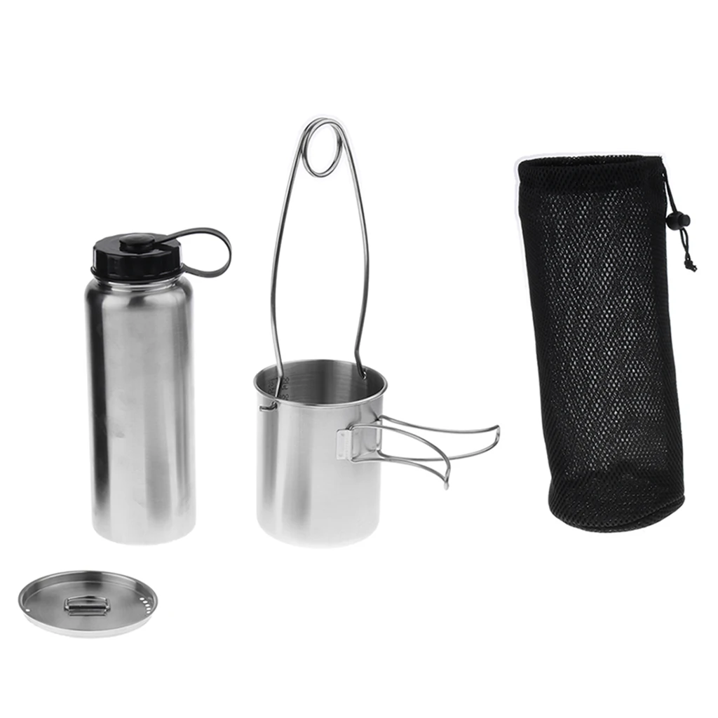 Outdoor Camping Water Bottle 1L Stainless Steel +750ml Foldable Coffee/Tea Cup