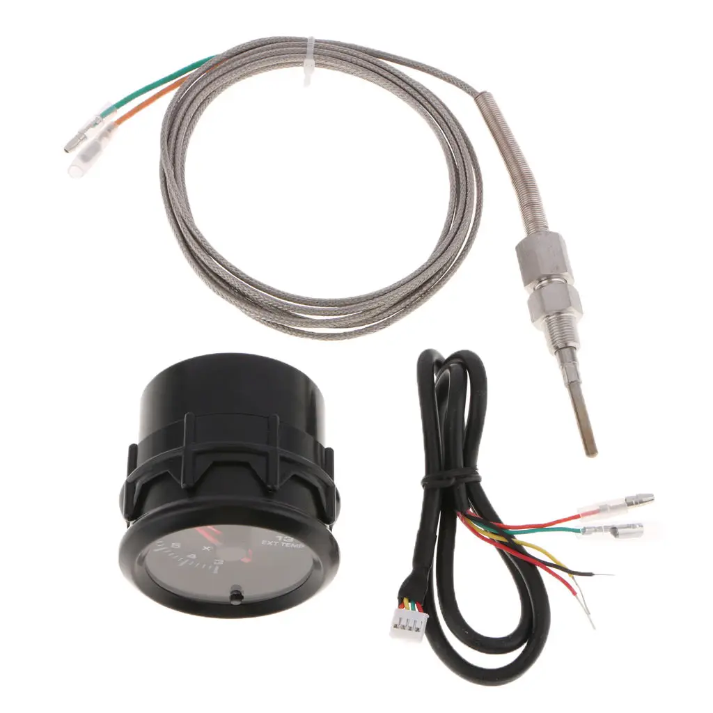 2`52mm 7 Color LED Car Exhaust Gas Temp Gauge EXT Temp Meter EGT With Sensor Blue Digital Voltage Display and Warning Function
