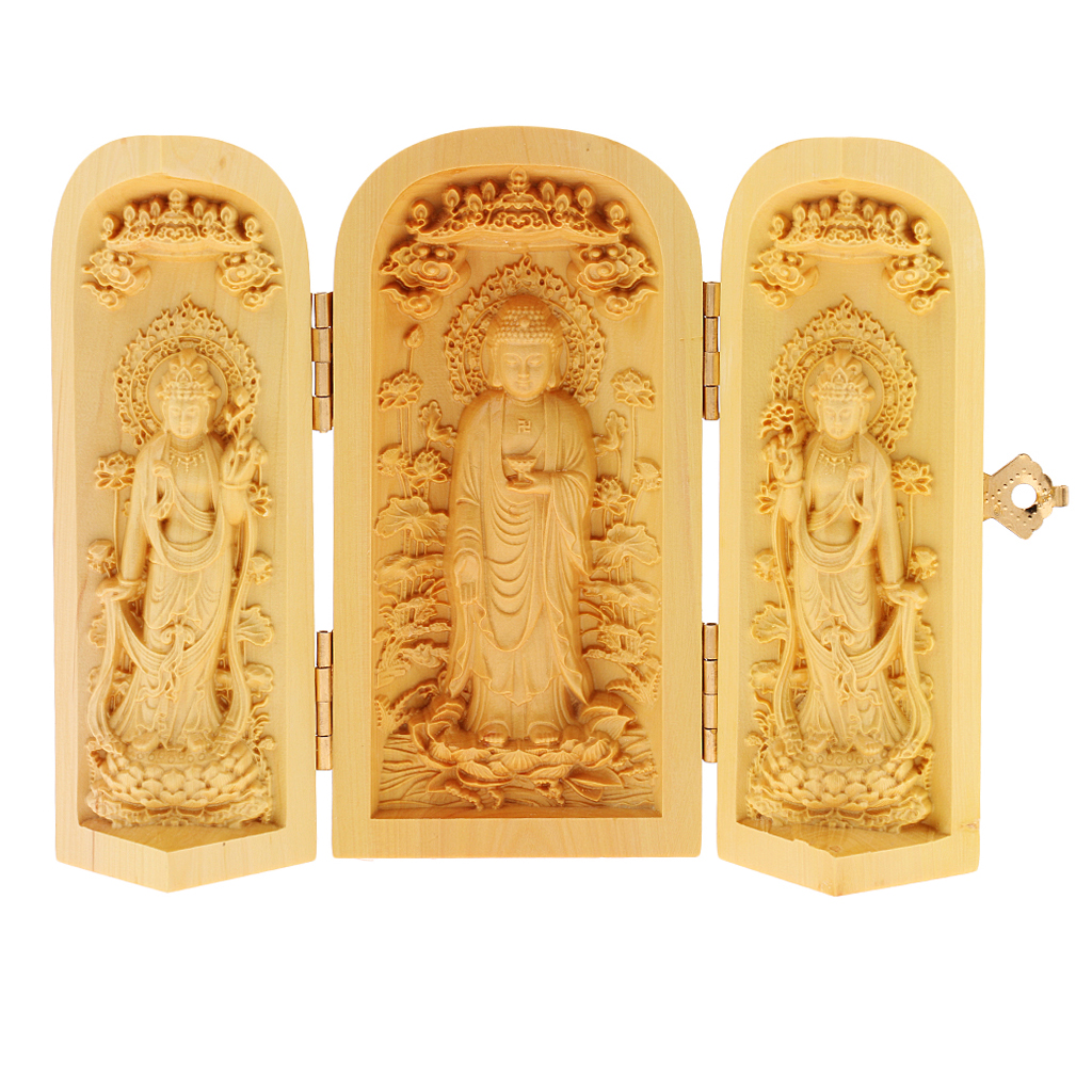 Tibetan Buddhism Boxwood Kwan-yin Shakyamuni GuanYin 3 Statue Box