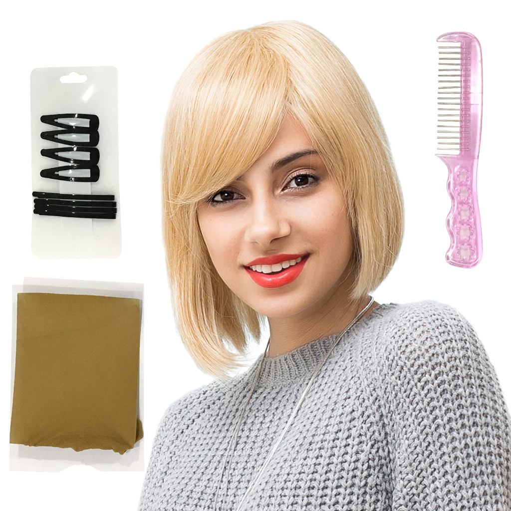 Blonde Side Part Women Short Straight Bob Wig with Bangs Human Hair Wig 14''