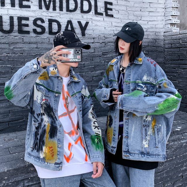 Lightning Graffiti Print Jean Jacket Men Hip Hop Streetwear Couple