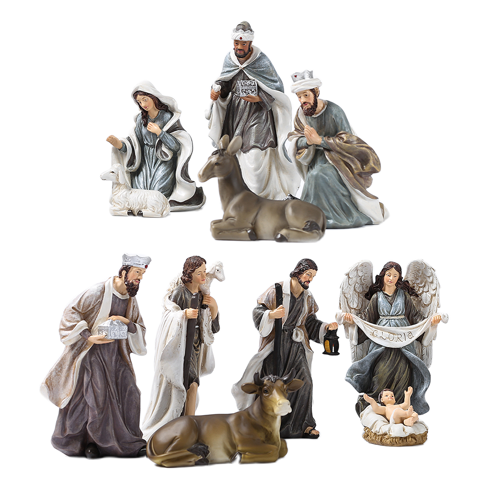 12pcs Nativity Set, Includes Family Resin Decorative Figures and Animal Toys for Gift Statues Christmas Home Decoration