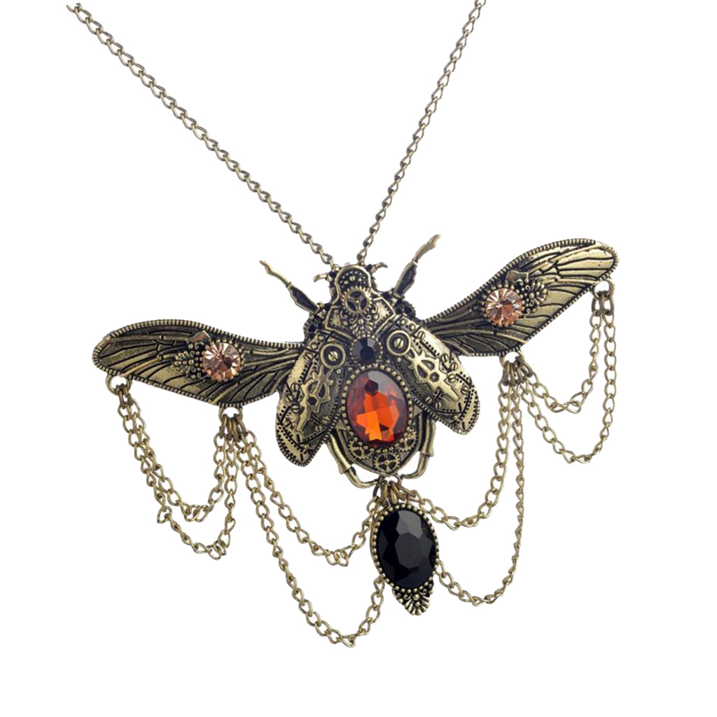 Punk Gears Resin Stone Beetle Bee Insect Mechanical Victoria Necklace Bib Choker Statement Insect Steampunk Themed