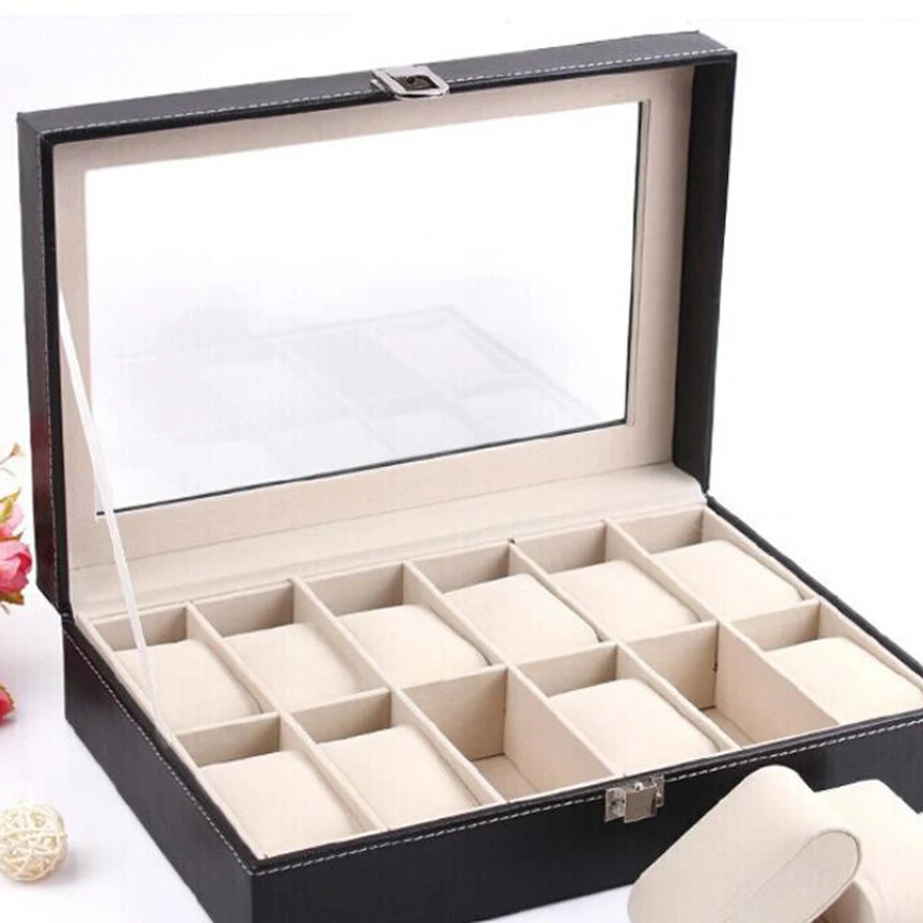 Leather 10 Slot Watch Box Glass Top Watch Jewelry Display Case Organizer