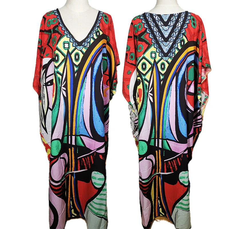 2023 Loose Boho Style Maxi Dress Print Face Swim Suit Cover-up Bohemian Dress Robe Plage Kaftan Maxi Dress Beach Wear Tunics
