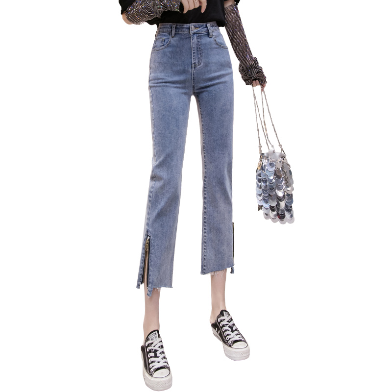 Calças de Brim Femininas de Cintura Houthion Novo Alta Sólida Bolso Reto Moda Verão Coreano Casual Zíper Abertura Calças Elásticas Cor 6 cintura alta cor sólida bolso reto moda