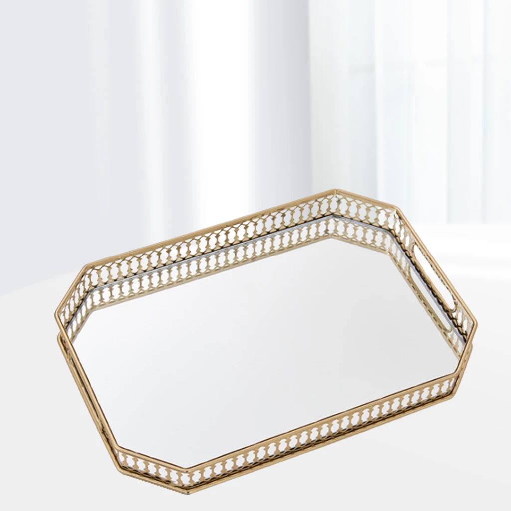 Mirrored Glass Metal Vanity Tray, Ornate Decorative Tray for Perfume Jewelry Makeup Plate