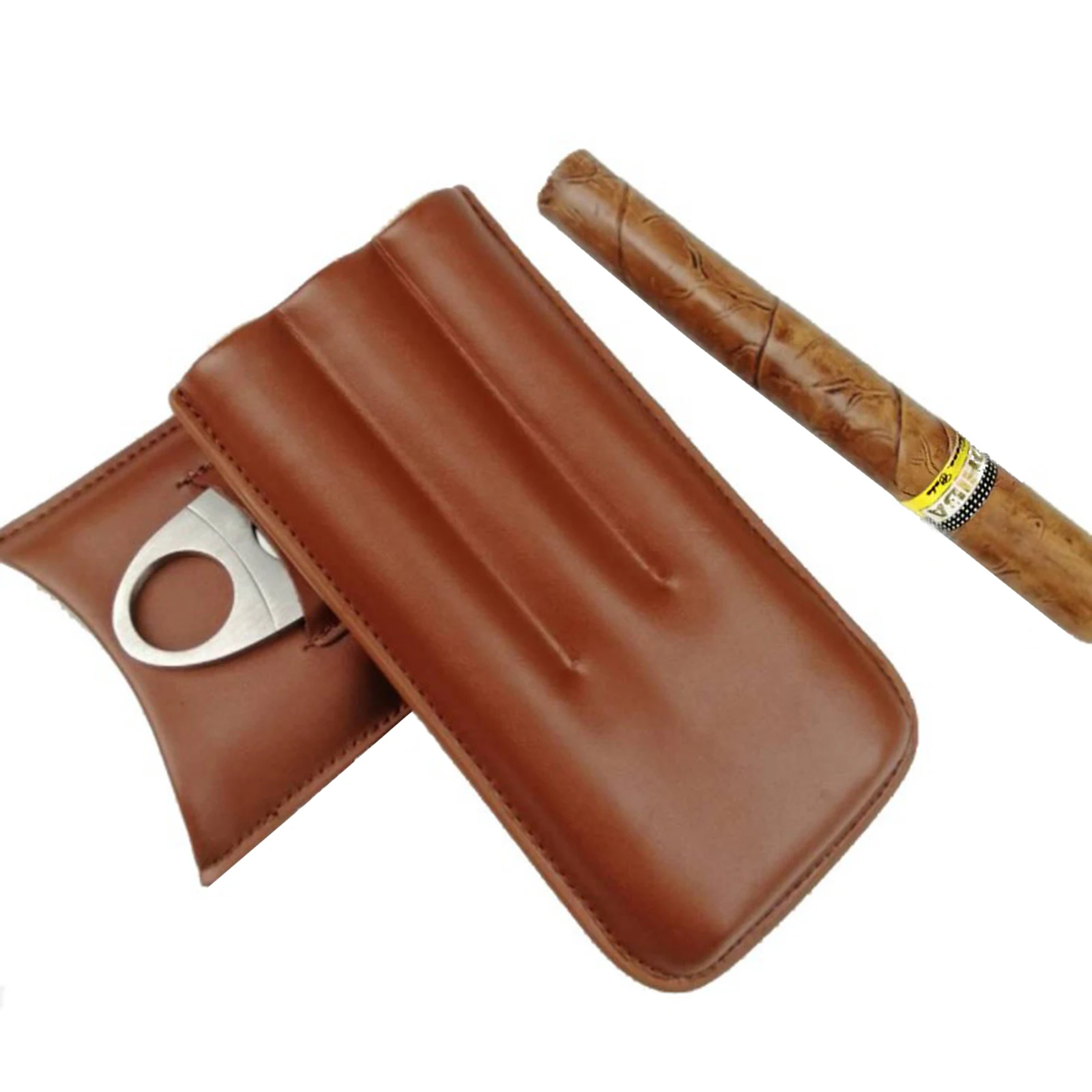 Cattlehide  Cigar Holder Storage Carrying Case Humidor W/ Cigar Cutter