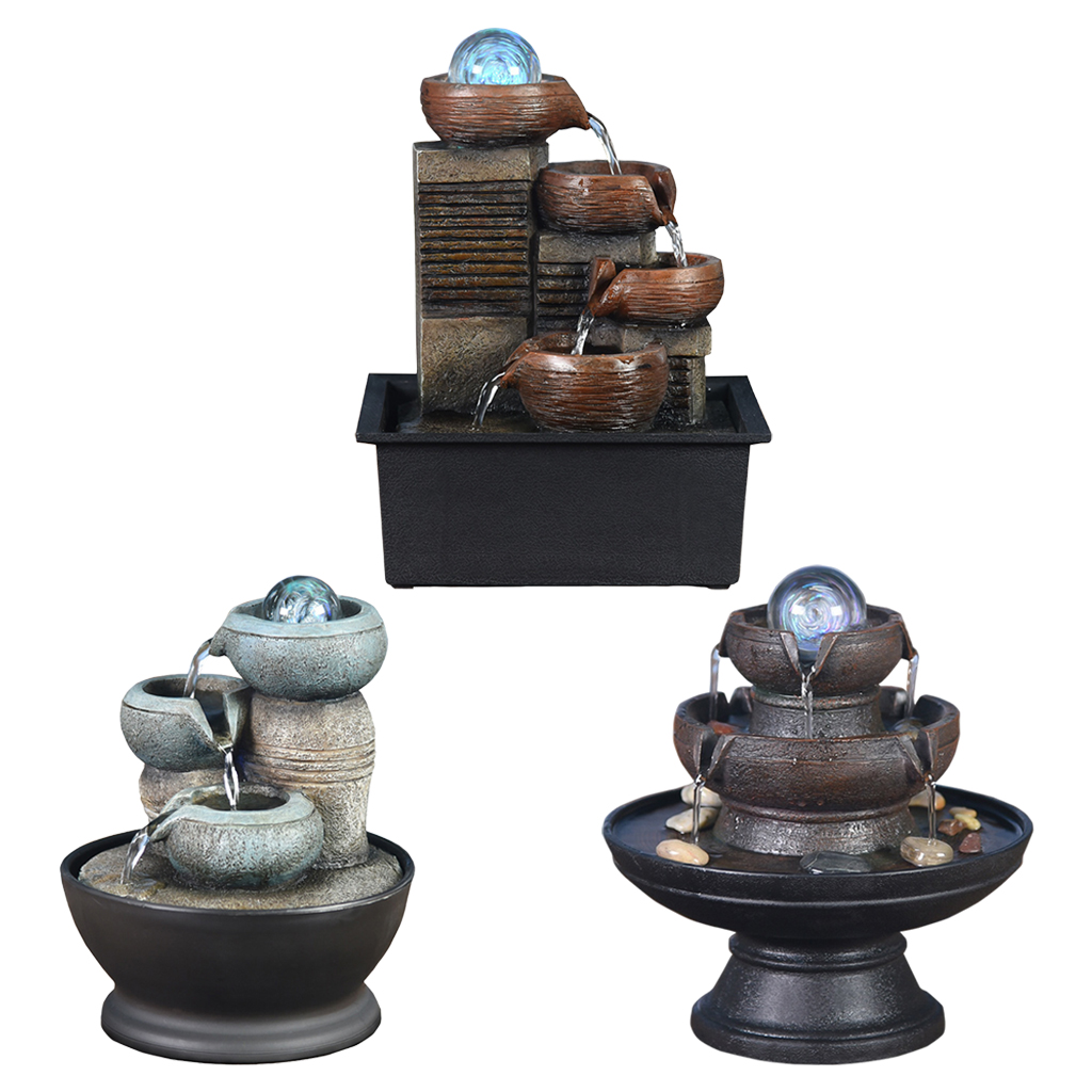Resin Decorative Fountains Indoor Water Fountain Resin Craft Desktop Home Decor Figurines FengShui Water Fountain with Light