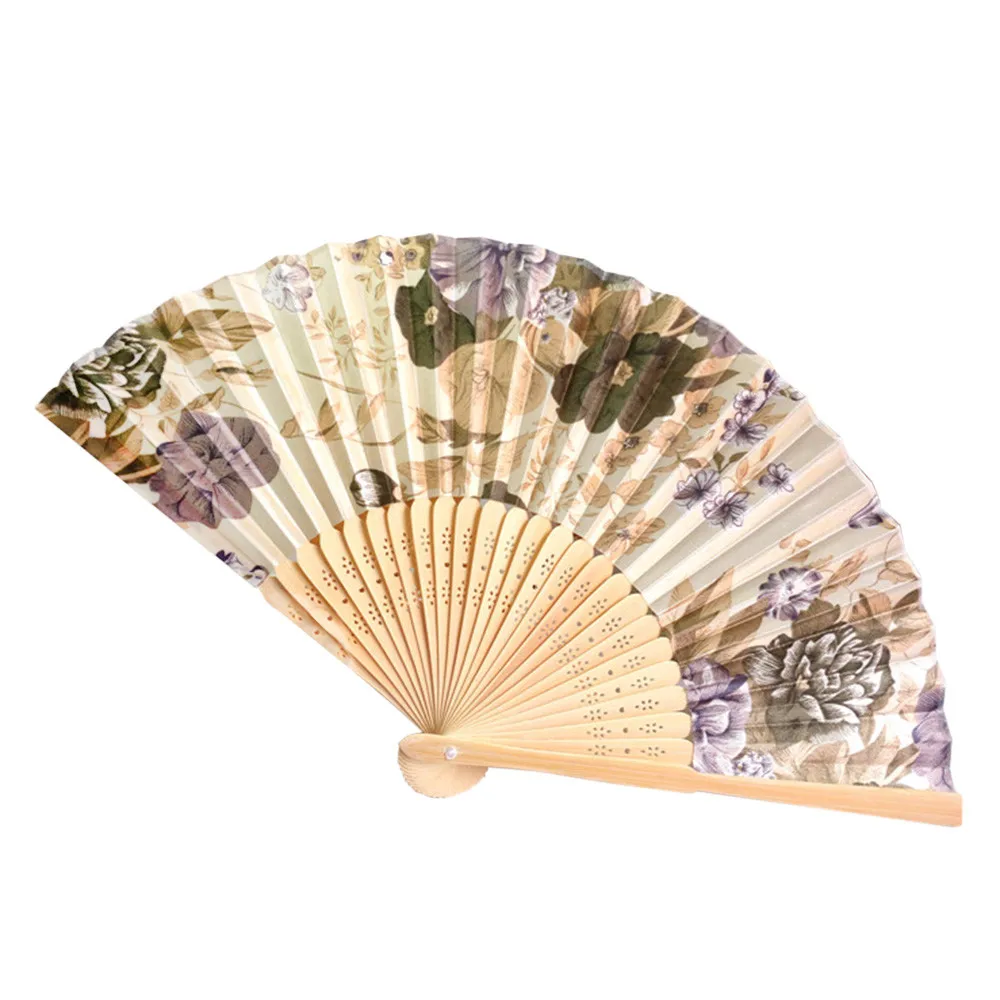 Vintage Bamboo Chinese Dance Party Pocket Folding Hand Flower Held Fan&Cover Bag 