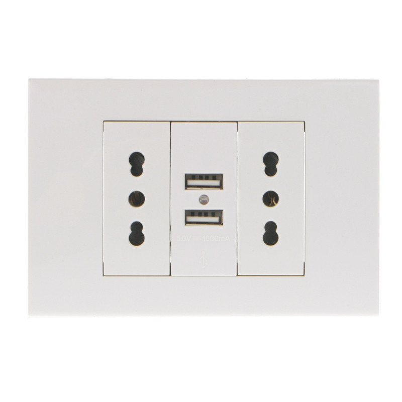Adaptador de Tomada de Energia Parede Dupla Italiano - Chile Plug Portas Usb Painel 5v 1a P15d 16a 8 Soquetes elétricos
