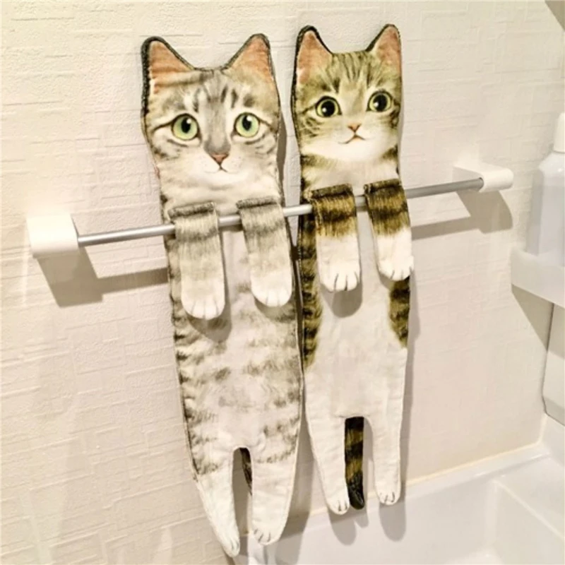 Cat Hand Towels Long Cat Shape Wipe Handkerchiefs Bath Towels Bathroom Kitchen 