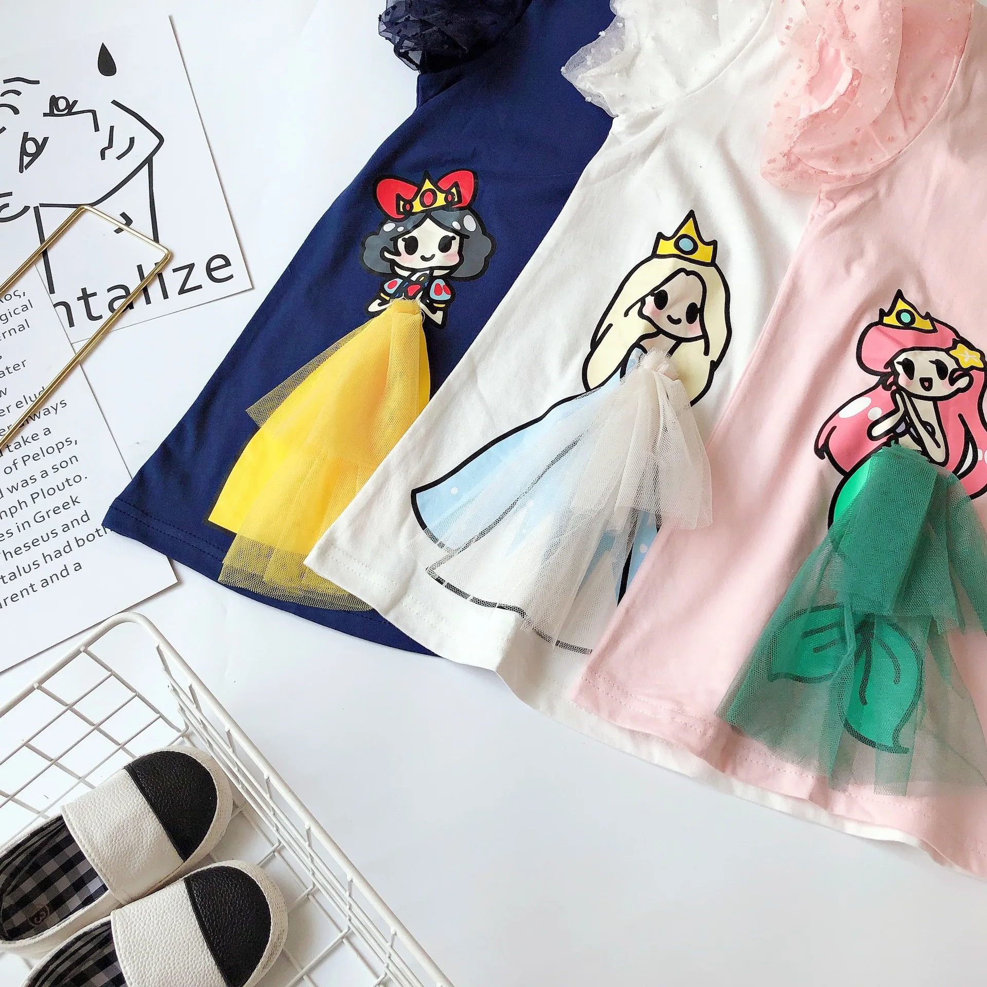 Girl Cartoon Princess Dress Fashion Elsa Snow White Dresses Baby Net Gauze Puff Sleeve Children Korean Style Party Clothing off shoulder dress