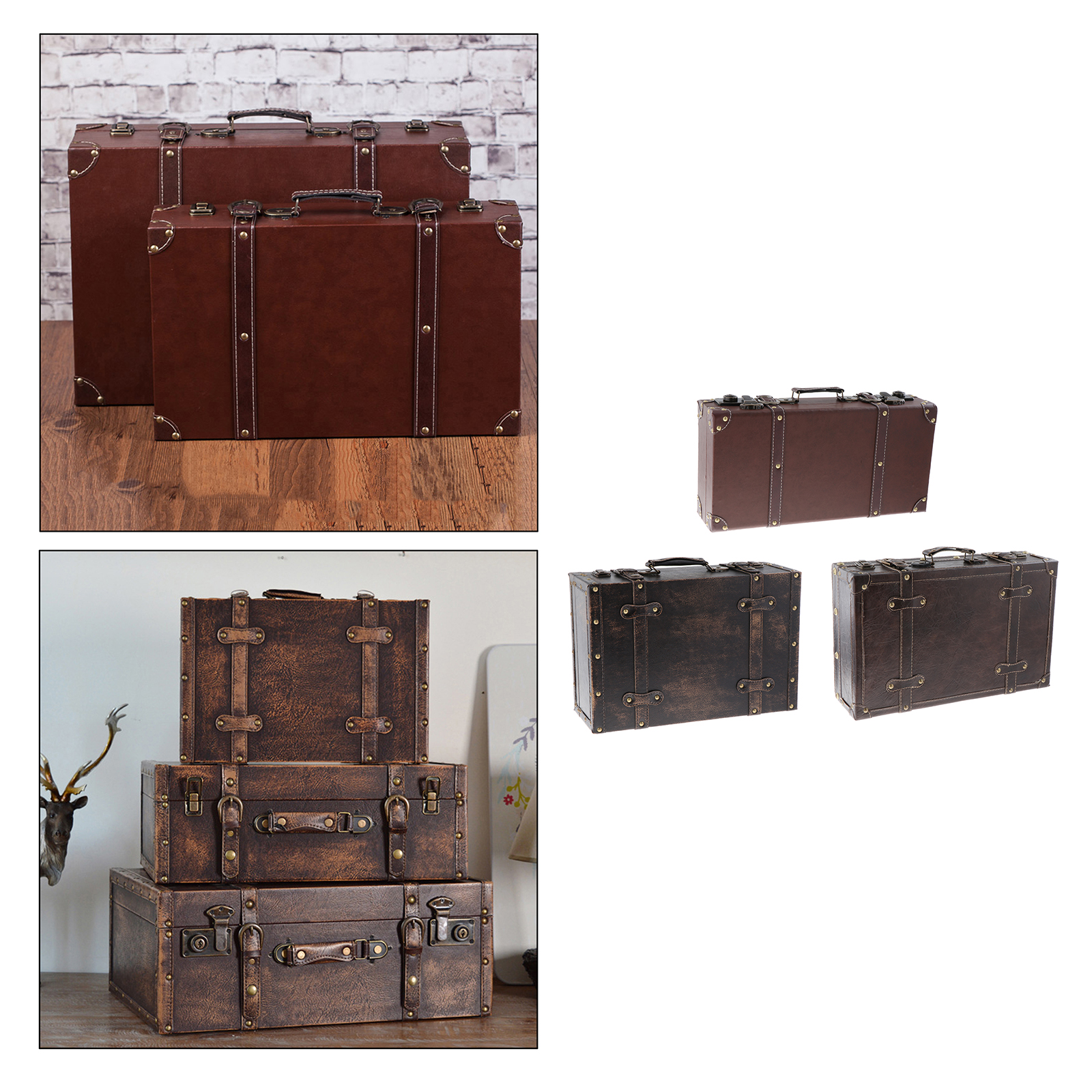 Vintage Wood Leatner Suitcase British Style Decorative Travel Storage Box Jewelry Box Photography Props